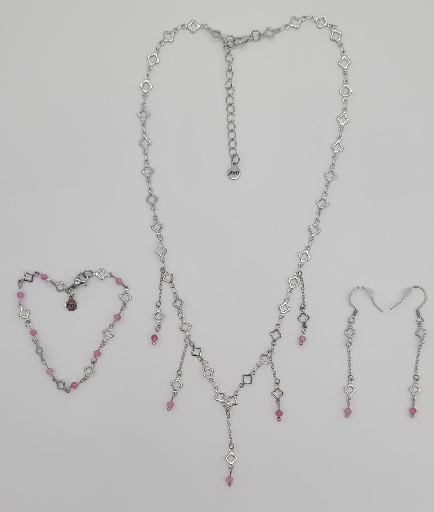 Blush Steel Clover Jewelry Set:  Stainless with Pink Tourmaline (Necklace, Bracelet & Earrings)
