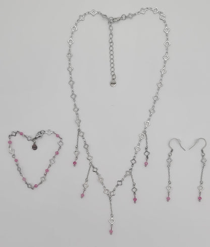 Blush Steel Clover Jewelry Set:  Stainless with Pink Tourmaline (Necklace, Bracelet & Earrings)