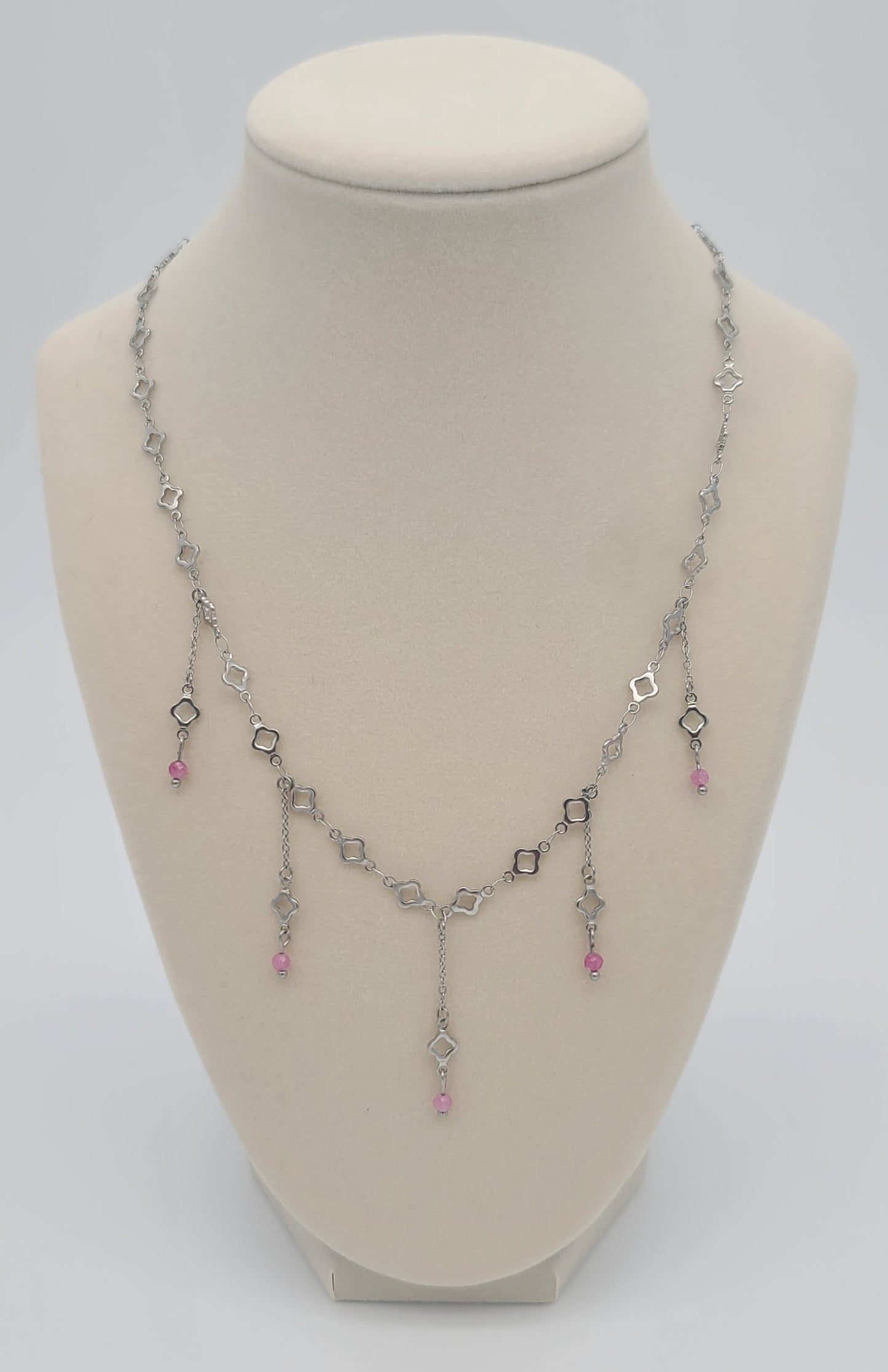 Blush Steel Clover Stainless with Pink Tourmaline Fringe Necklace