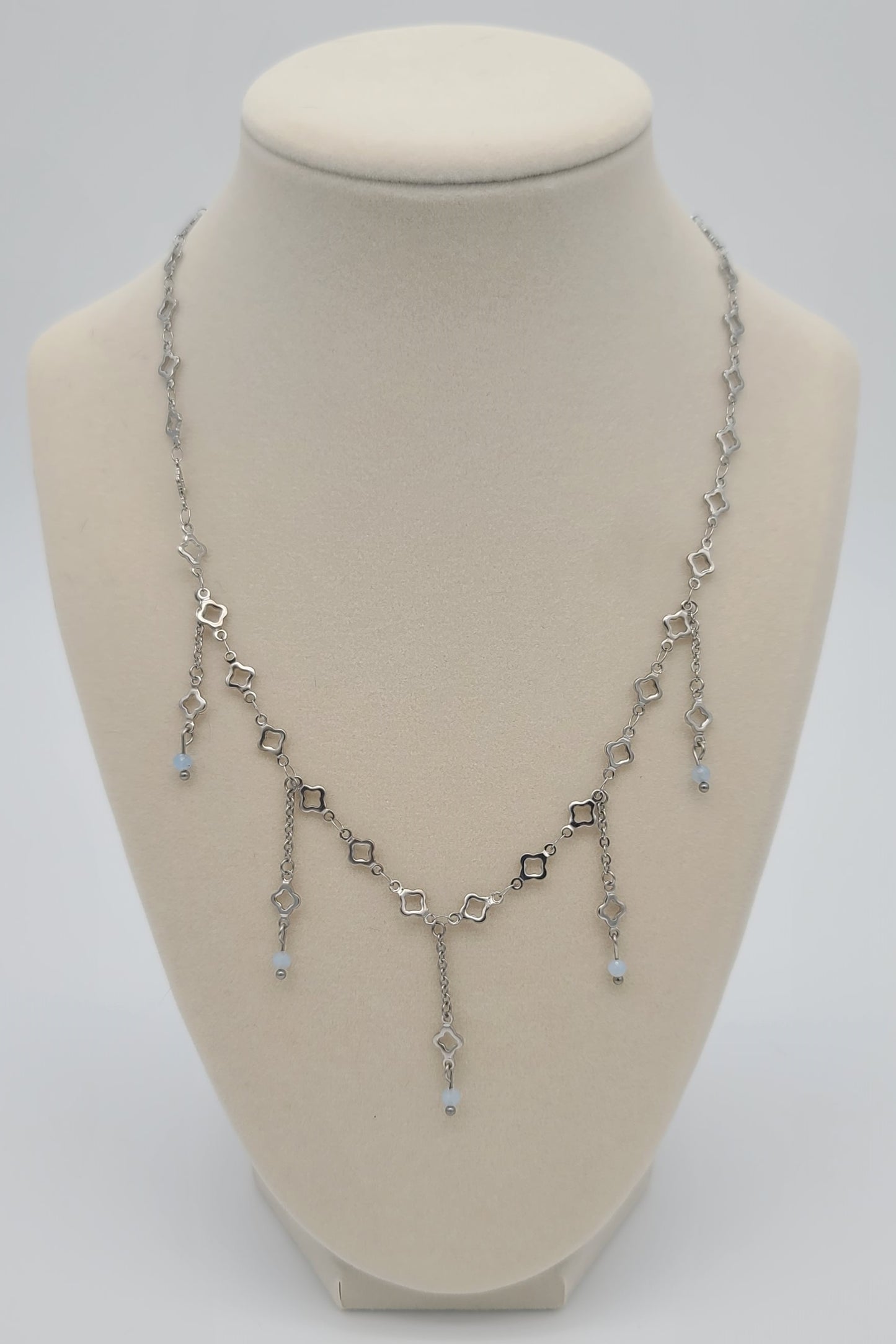 Aquamarine & Stainless Clover Fringe Necklace