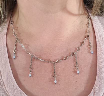 Aquamarine & Stainless Clover Fringe Necklace
