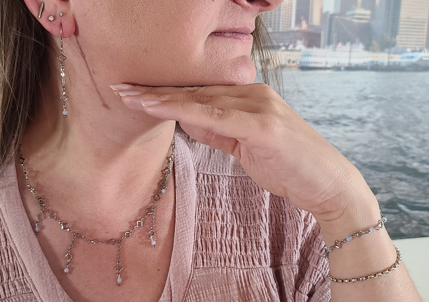 Aquamarine & Stainless Clover Jewelry Set, Adjustable, Fringe Necklace, Bracelet & Earrings