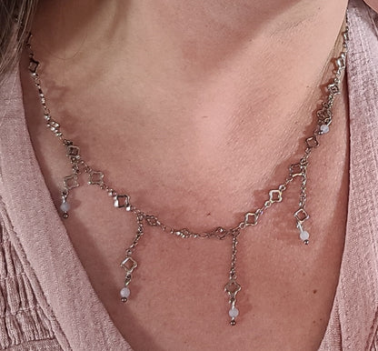 Aquamarine & Stainless Clover Fringe Necklace