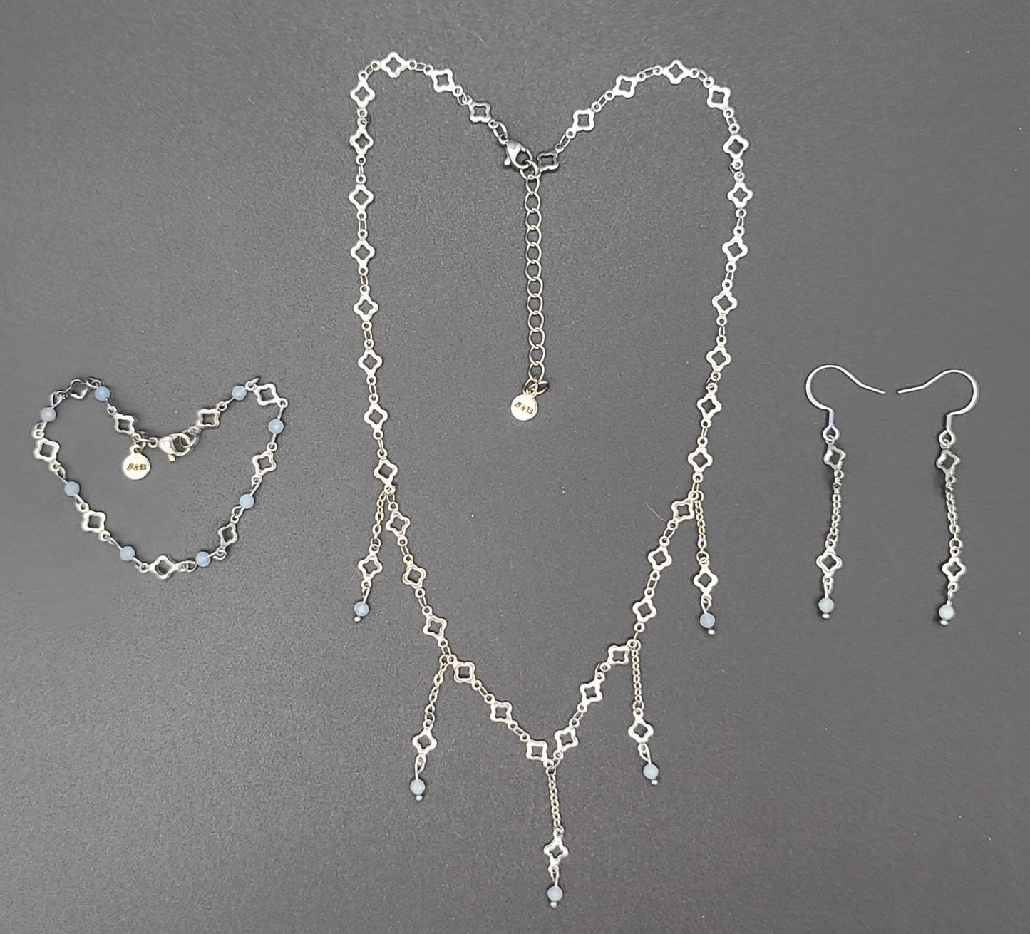 Aquamarine & Stainless Clover Jewelry Set, Adjustable, Fringe Necklace, Bracelet & Earrings