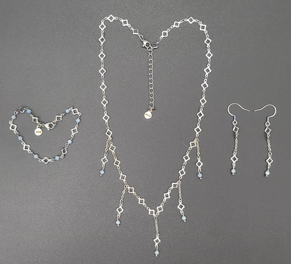Aquamarine & Stainless Clover Jewelry Set, Adjustable, Fringe Necklace, Bracelet & Earrings