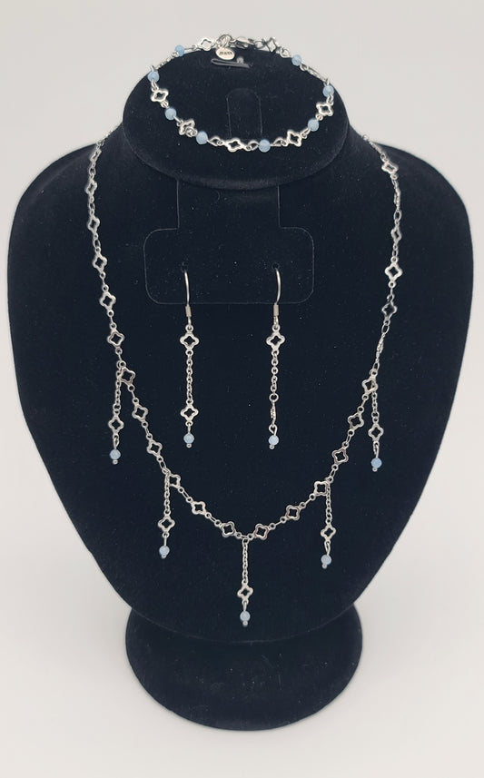 Aquamarine & Stainless Clover Jewelry Set, Adjustable, Fringe Necklace, Bracelet & Earrings