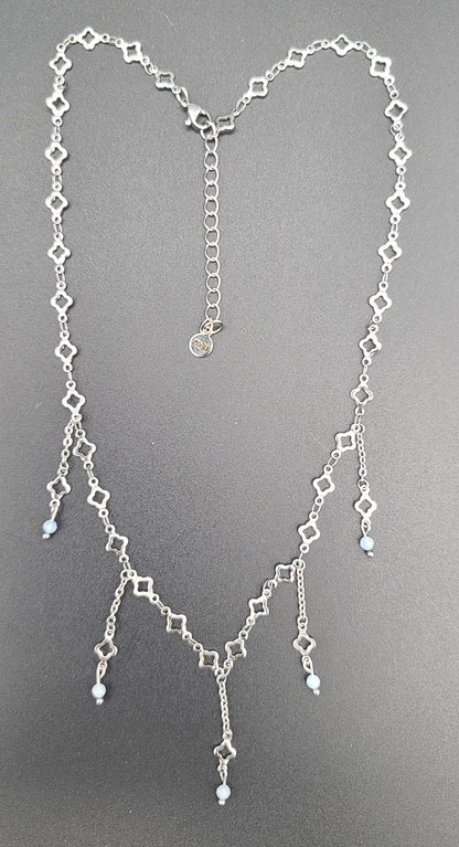 Aquamarine & Stainless Clover Fringe Necklace