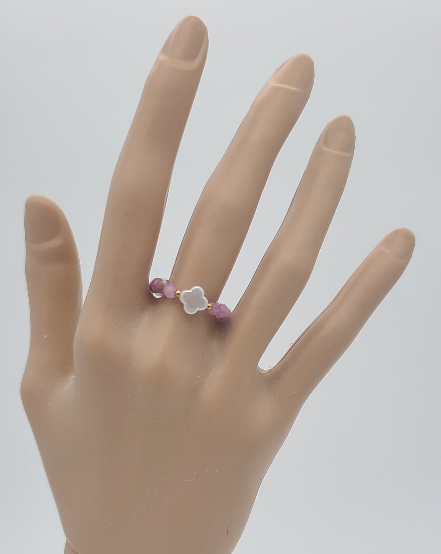 Faceted Pink Tourmaline with Faux Pearl Clover Stretch Fit Ring 7 – 9
