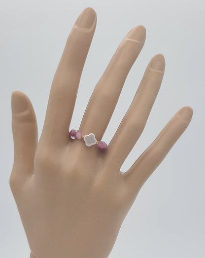 Faceted Pink Tourmaline with Faux Pearl Clover Stretch Fit Ring 7 – 9
