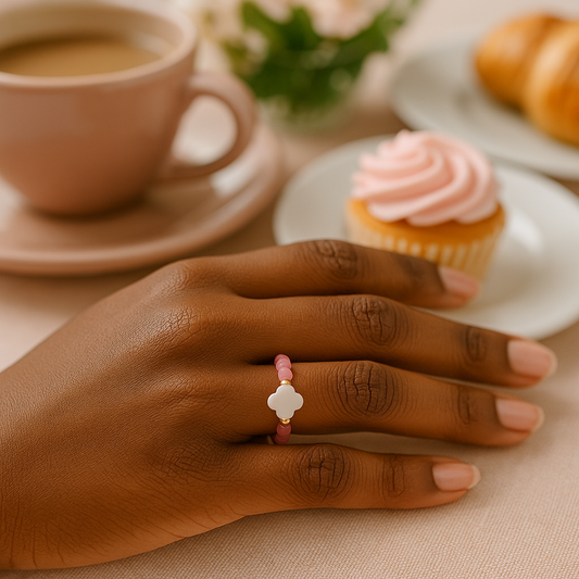 Faceted Pink Tourmaline with Faux Pearl Clover Stretch Fit Ring 7 – 9