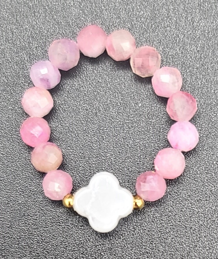 Faceted Pink Tourmaline with Faux Pearl Clover Stretch Fit Ring 7 – 9