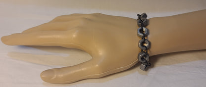Industrial Hex-Nut Bracelet, Galvanized Steel with Black Links 8.25"