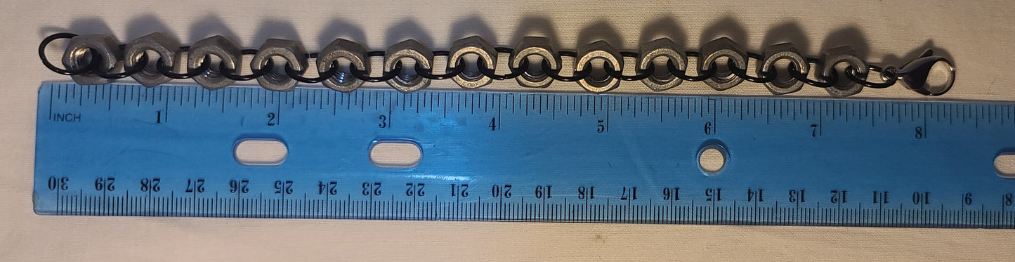 Industrial Hex-Nut Bracelet, Galvanized Steel with Black Links 8.25"