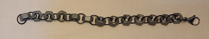 Industrial Hex-Nut Bracelet, Galvanized Steel with Black Links 8.25"