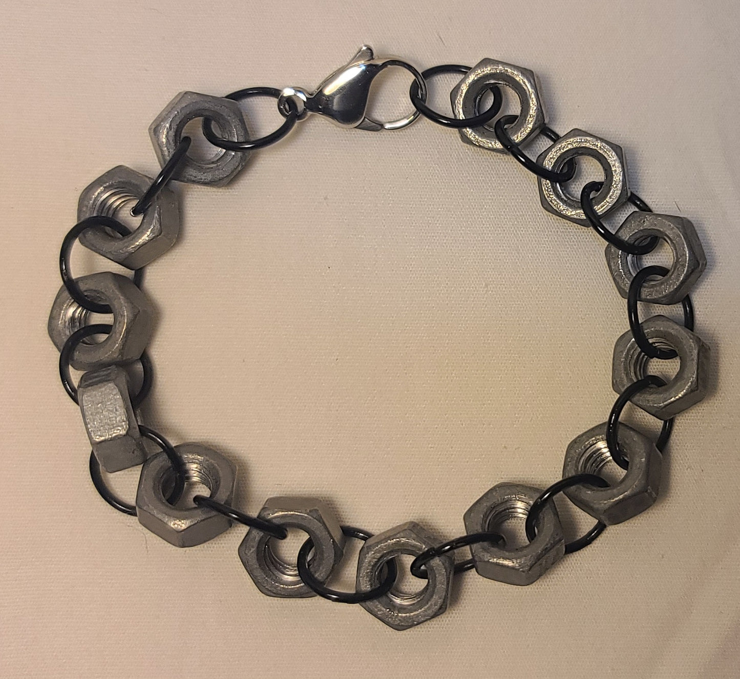 Industrial Hex-Nut Bracelet, Galvanized Steel with Black Links 8.25"