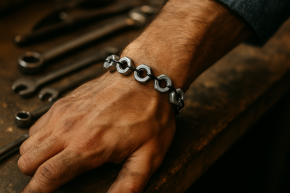 Industrial Hex-Nut Bracelet, Galvanized Steel with Black Links 8.75"