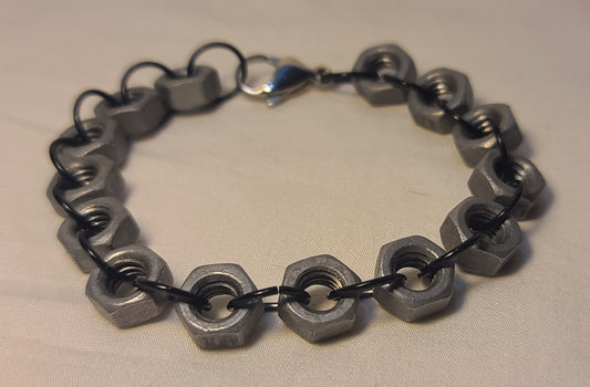 Industrial Hex-Nut Bracelet, Galvanized Steel with Black Links 8.75"