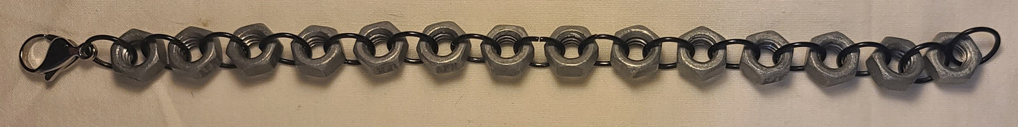 Industrial Hex-Nut Bracelet, Galvanized Steel with Black Links 8.75"