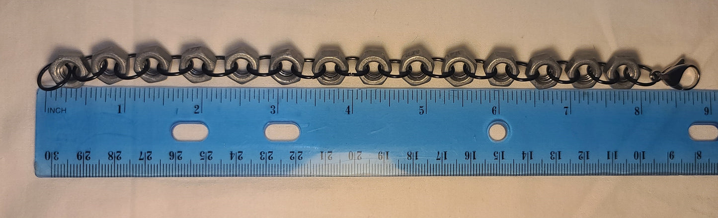 Industrial Hex-Nut Bracelet, Galvanized Steel with Black Links 8.75"
