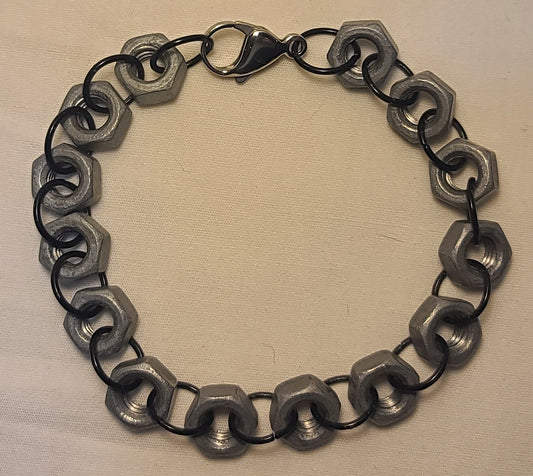 Industrial Hex-Nut Bracelet, Galvanized Steel with Black Links 8.75"