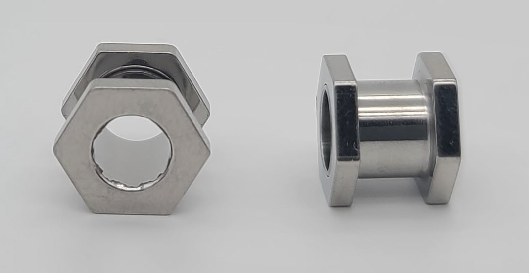 Hex Nut Shaped Stainless Steel Gauge Earrings Sizes 2 - 12mm