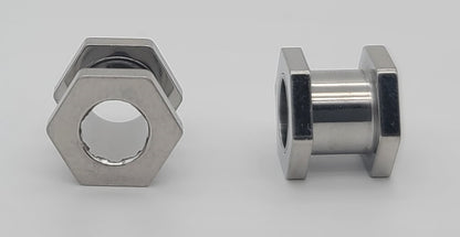 Hex Nut Shaped Stainless Steel Gauge Earrings Sizes 2 - 12mm