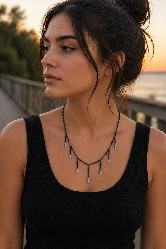 Midnight Cascade Cross Necklace