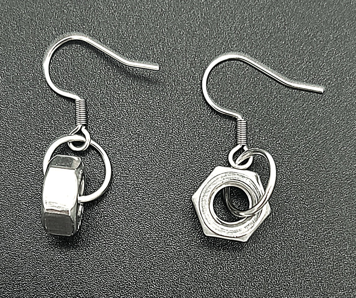 Stainless Steel Single Hex Nut Drop Earrings