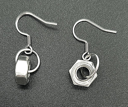 Stainless Steel Single Hex Nut Drop Earrings