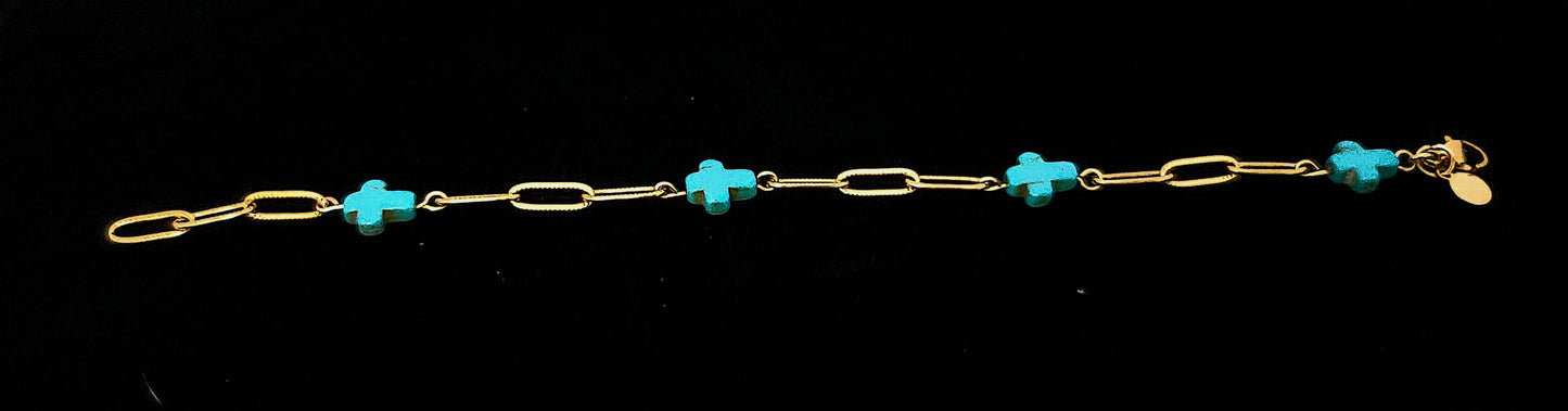Modern & Minimal, Blue Stone Cross and Gold Stainless Steel Textured Paperclip Bracelet 7 - 7.75"