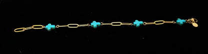 Modern & Minimal, Blue Stone Cross and Gold Stainless Steel Textured Paperclip Bracelet 7 - 7.75"