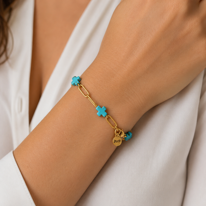 Modern & Minimal, Blue Stone Cross and Gold Stainless Steel Textured Paperclip Bracelet 7 - 7.75"