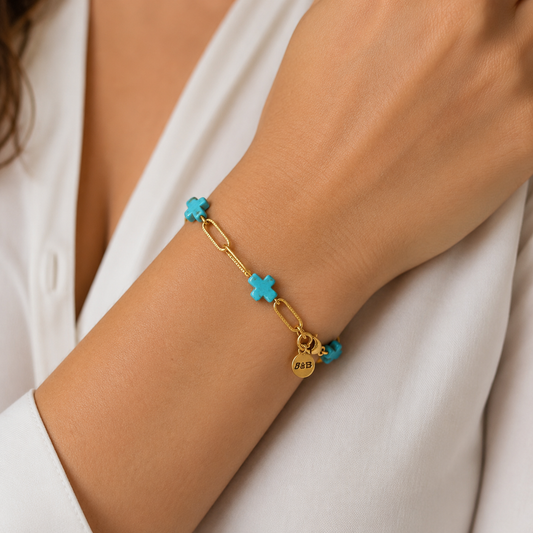 Modern & Minimal, Blue Stone Cross and Gold Stainless Steel Textured Paperclip Bracelet 6.25 - 7"