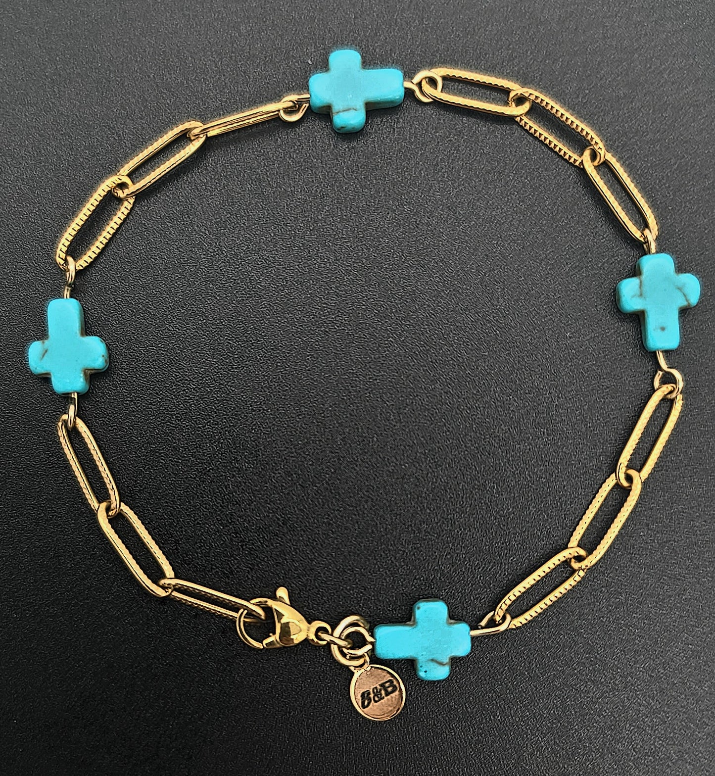Modern & Minimal, Blue Stone Cross and Gold Stainless Steel Textured Paperclip Bracelet 7 - 7.75"