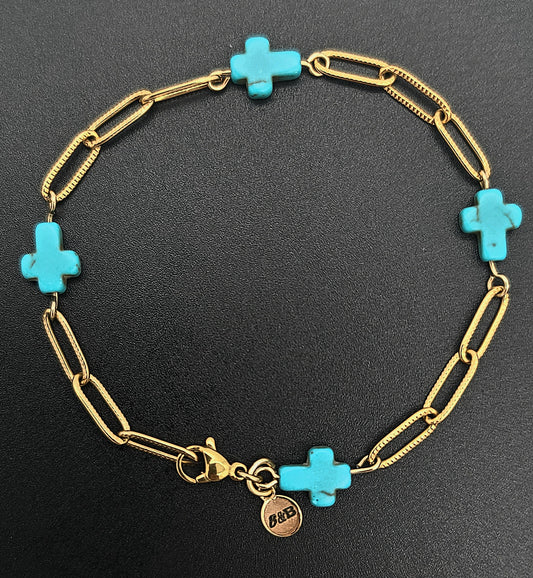 Modern & Minimal, Blue Stone Cross and Gold Stainless Steel Textured Paperclip Bracelet 6.25 - 7"