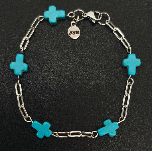 Modern & Minimal, Blue Stone Cross and Stainless Steel Paperclip Bracelet 6.5 - 7"