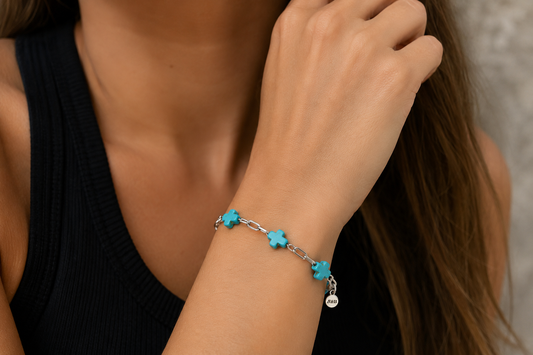 Modern & Minimal, Blue Stone Cross and Stainless Steel Paperclip Bracelet 6.5 - 7"