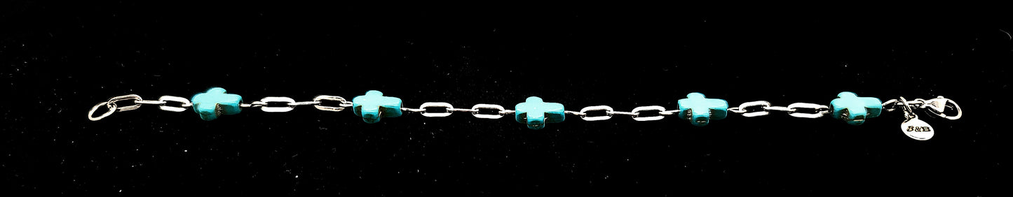 Modern & Minimal, Blue Stone Cross and Stainless Steel Paperclip Bracelet 6.5 - 7"