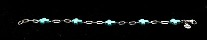 Modern & Minimal, Blue Stone Cross and Stainless Steel Paperclip Bracelet 6.5 - 7"