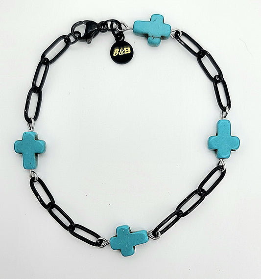 Modern & Minimal, Blue Stone Cross and Black Stainless Steel Paperclip Bracelet 6.25 - 7"