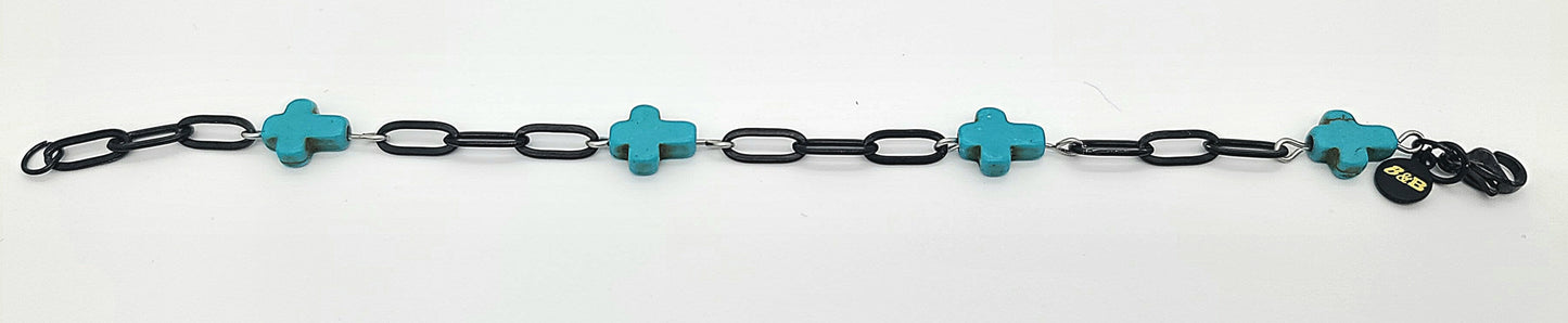 Modern & Minimal, Blue Stone Cross and Black Stainless Steel Paperclip Bracelet 6.25 - 7"