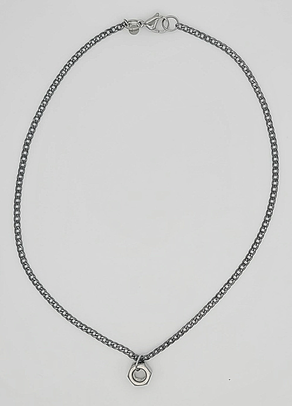 Gunmetal Cuban Link Chain with Stainless Steel Hex Nut Pendant
