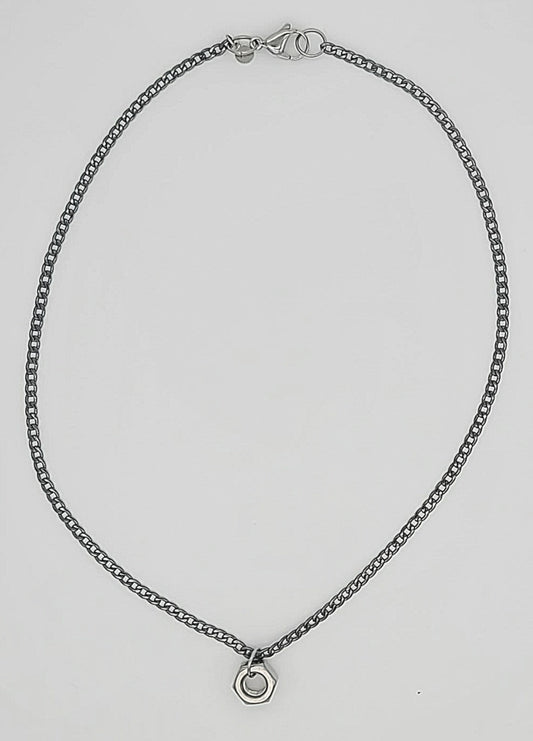 Gunmetal Cuban Link Chain with Stainless Steel Hex Nut Pendant