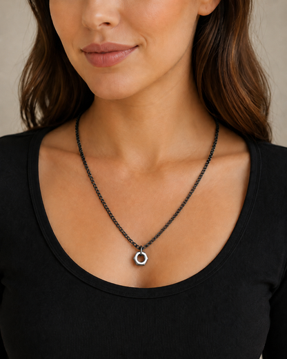 Gunmetal Cuban Link Chain with Stainless Steel Hex Nut Pendant