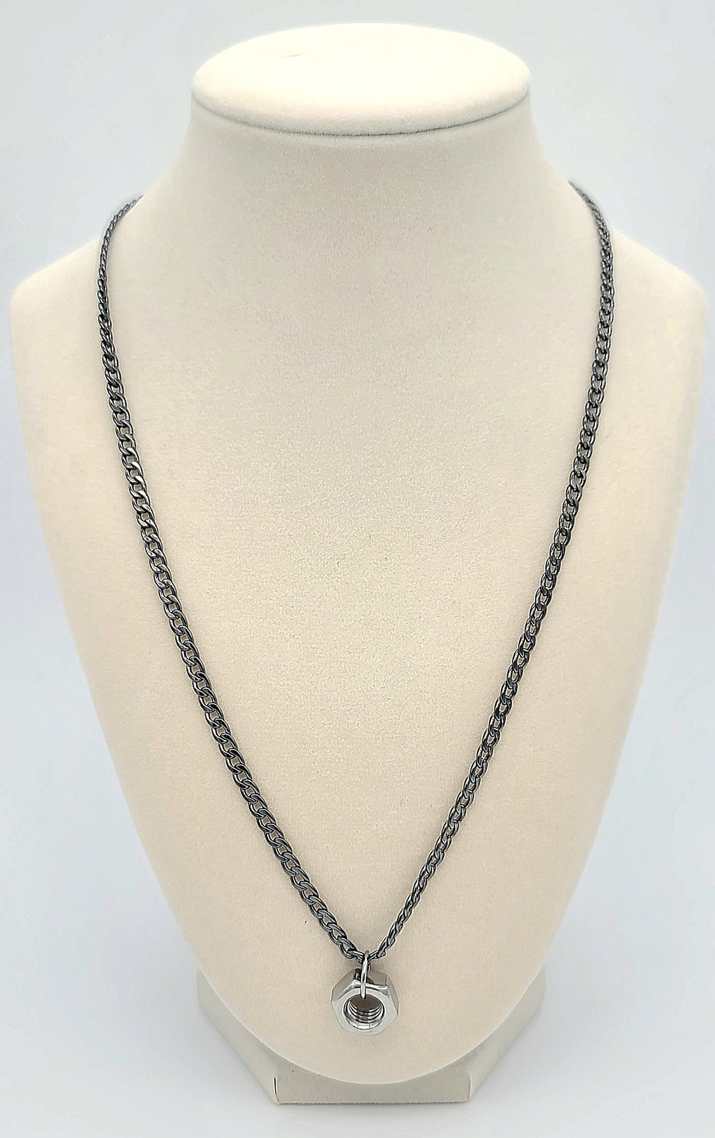 Gunmetal Cuban Link Chain with Stainless Steel Hex Nut Pendant