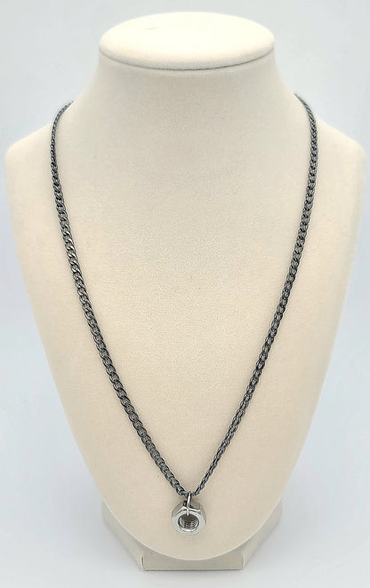 Gunmetal Cuban Link Chain with Stainless Steel Hex Nut Pendant
