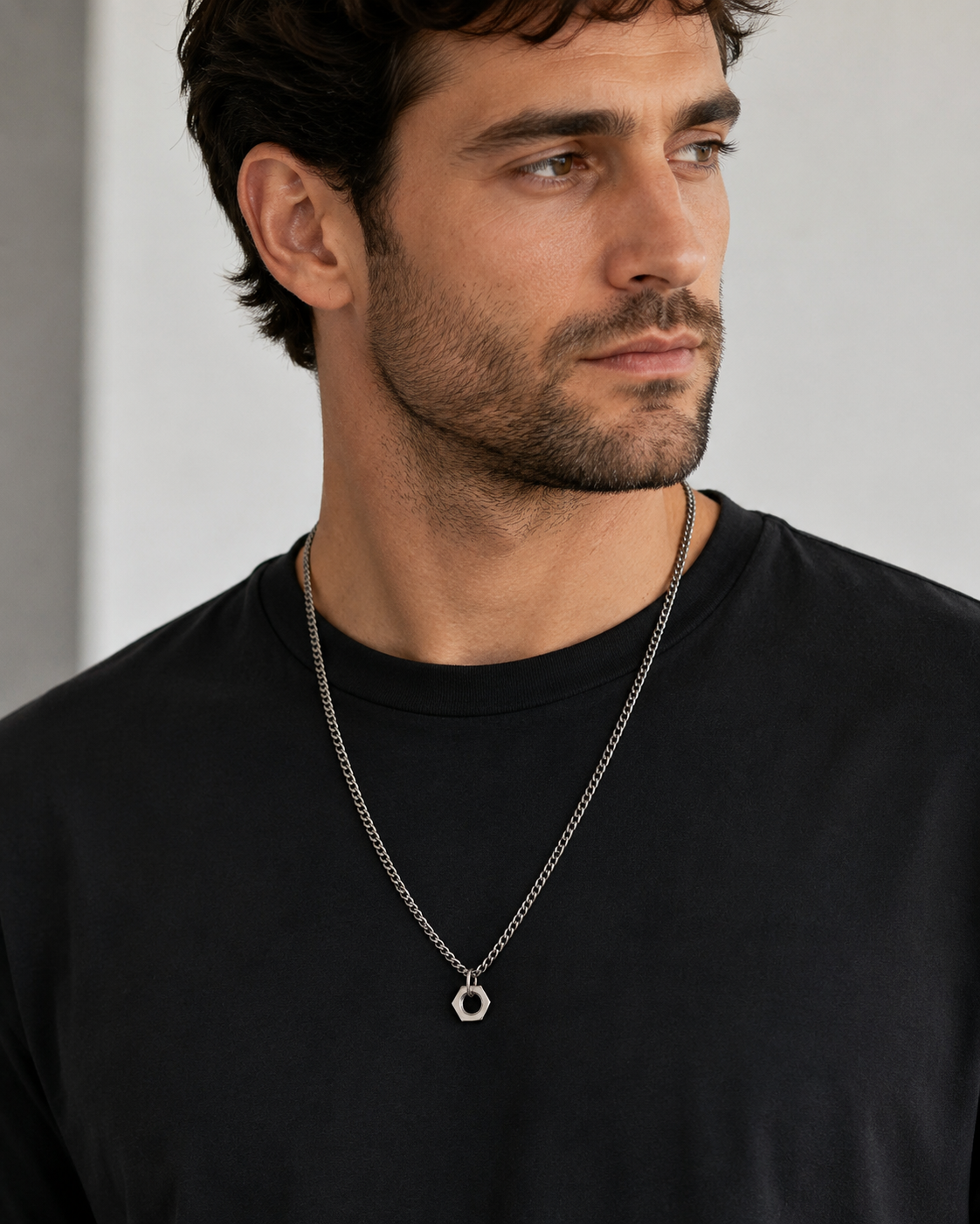 Gunmetal Cuban Link Chain with Stainless Steel Hex Nut Pendant