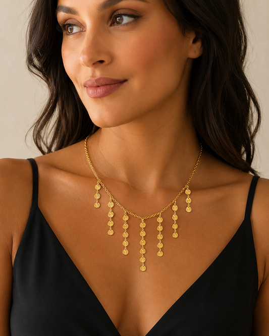 Gold Cascade Suncoin Stainless Steel Necklace