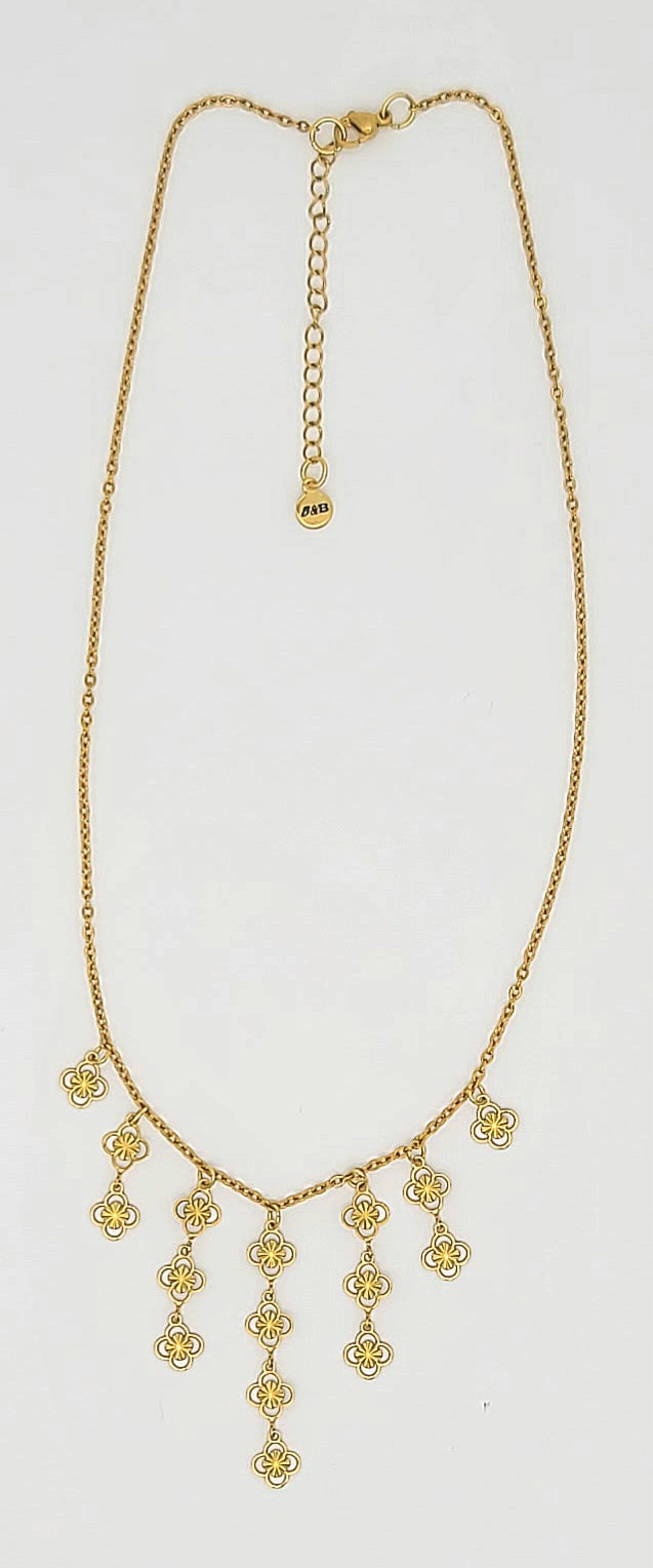 Cascade Fringe Clover Drop Gold Stainless Steel Necklace