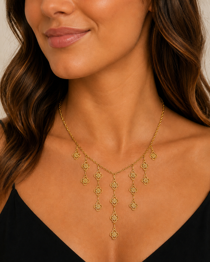 Cascade Fringe Clover Drop Gold Stainless Steel Necklace